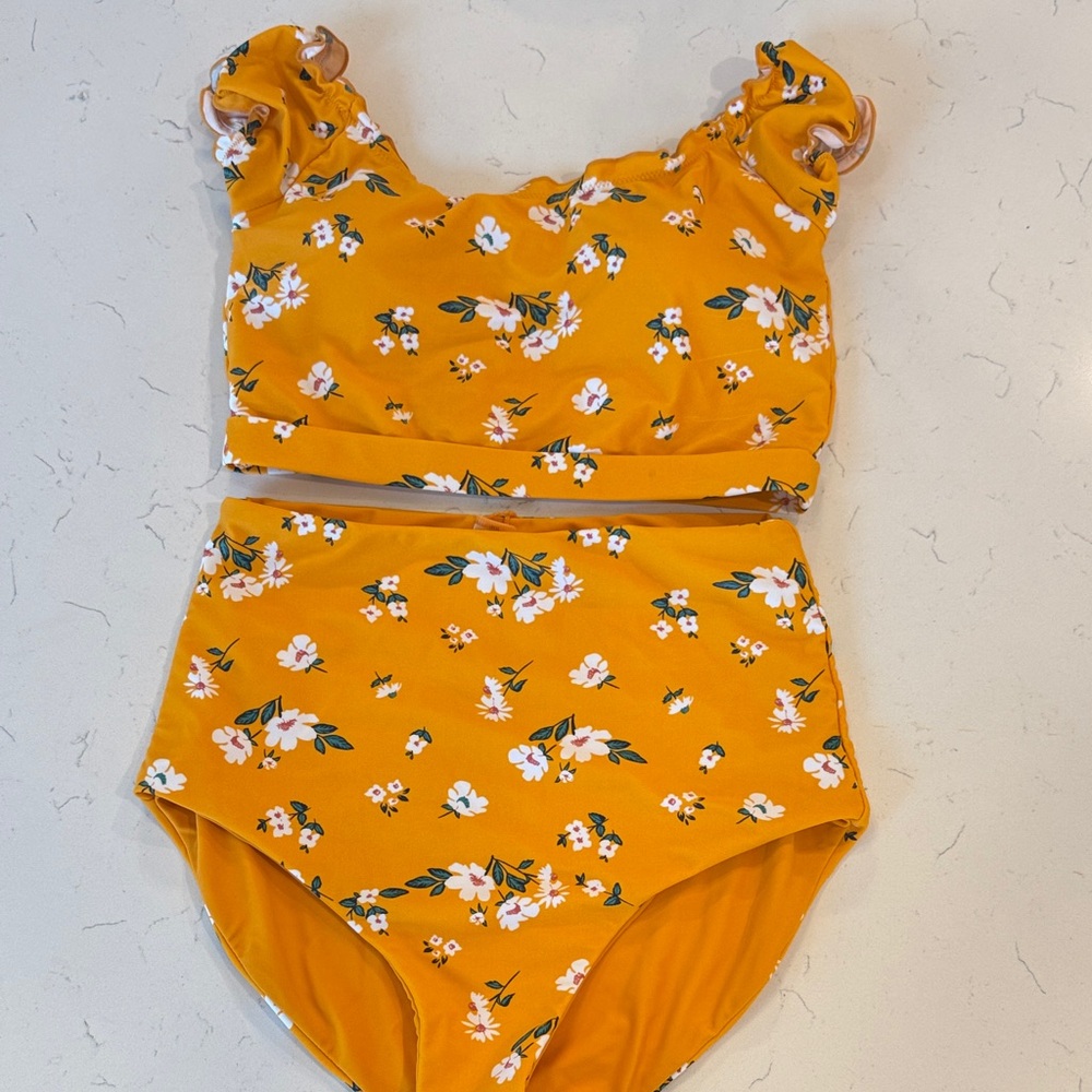Mustard Floral Two-Piece High-Waist Swimsuit
